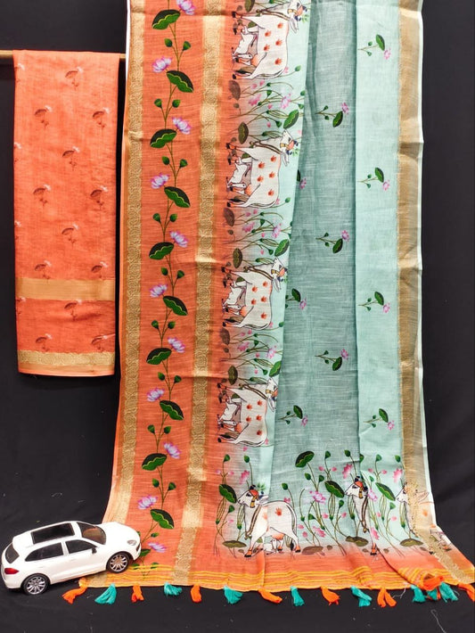 Kalamkari Gold Linen Saree with Weaving Patta & Digital Blouse