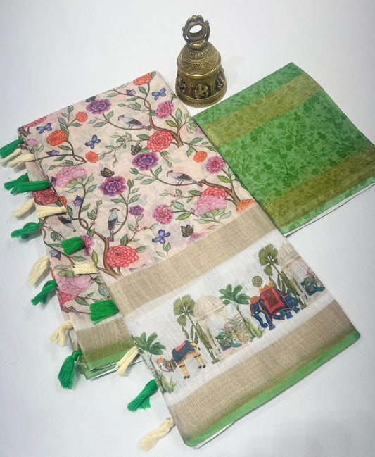 Kalamkari Gold Linen Saree with Weaving Patta & Digital Blouse