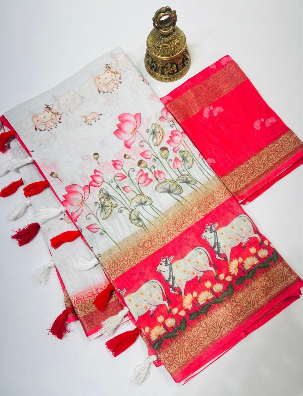 Kalamkari Gold Linen Saree with Weaving Patta & Digital Blouse