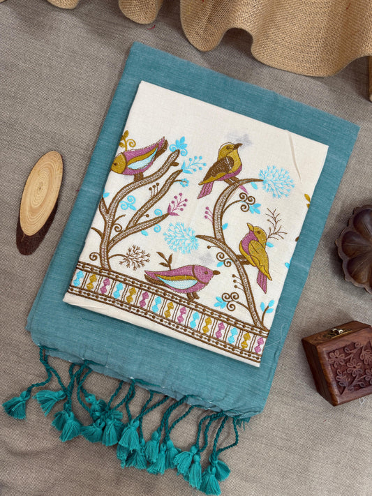 Ethnic Elegance Teal Blue Handloom Khadi Cotton Saree with Bird Embroidery