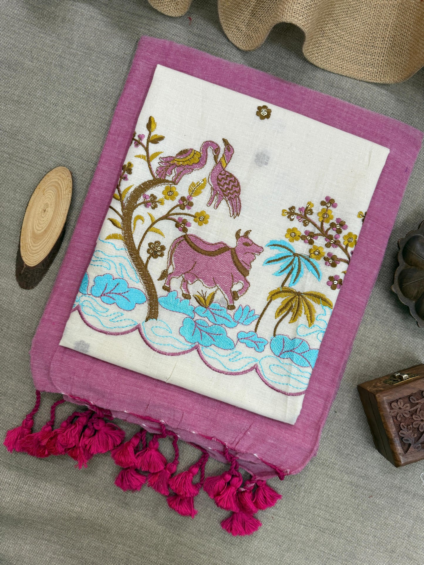 Handloom Soft Wear Pink Khadi Cotton Saree with Colorful Embroidered Blouse