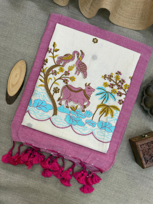 Handloom Soft Wear Pink Khadi Cotton Saree with Colorful Embroidered Blouse