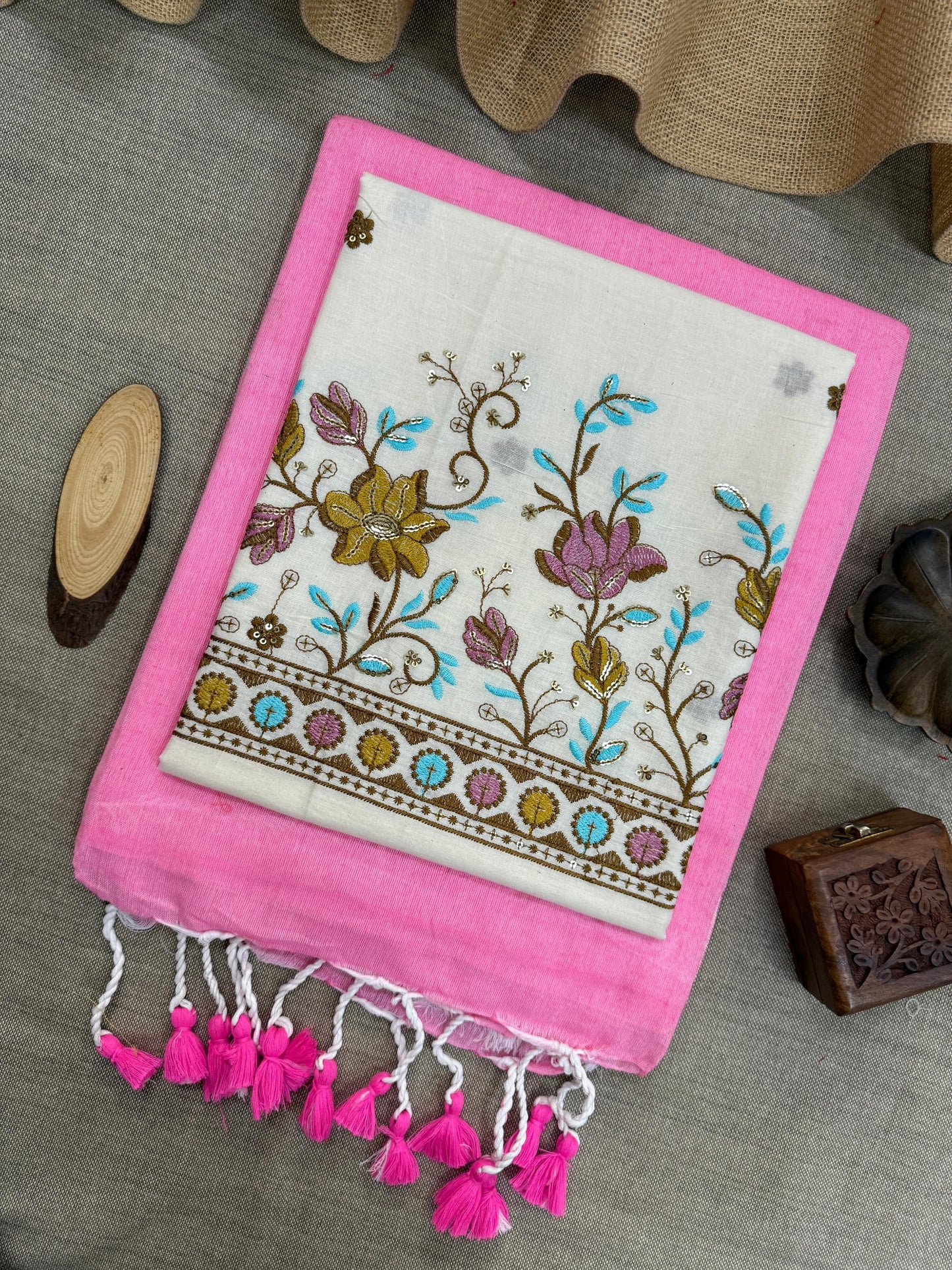 Handloom Elegance Light Pink Khadi Cotton Saree with Embroidered Bird Blouse