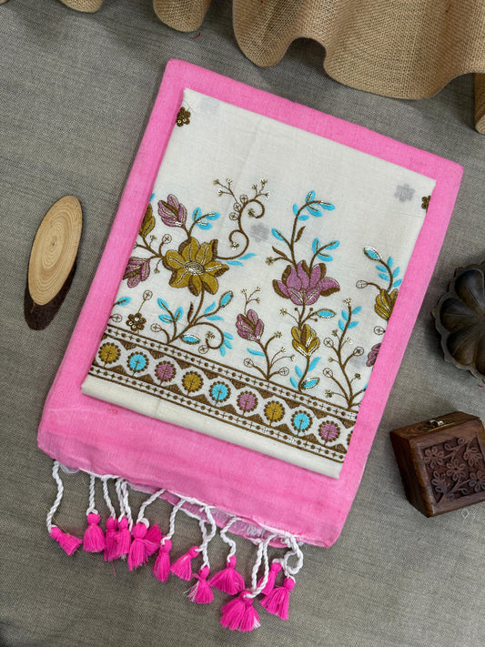 Handloom Elegance Light Pink Khadi Cotton Saree with Embroidered Bird Blouse