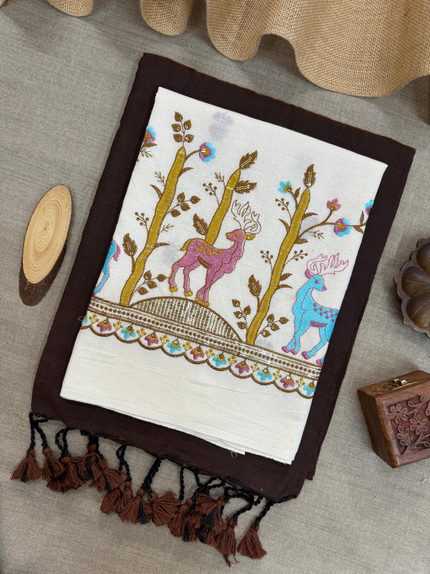 Handloom Classic Brown Khadi Cotton Saree with Bird Embroidered Blouse