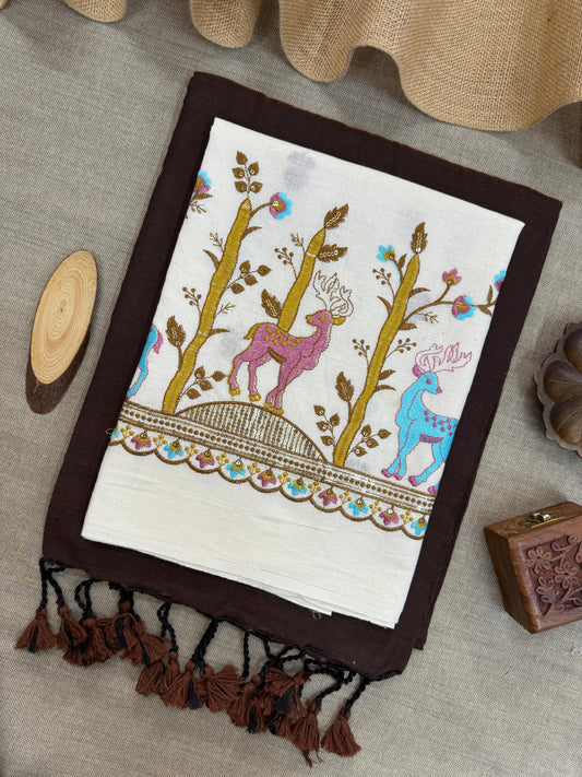 Handloom Classic Brown Khadi Cotton Saree with Bird Embroidered Blouse