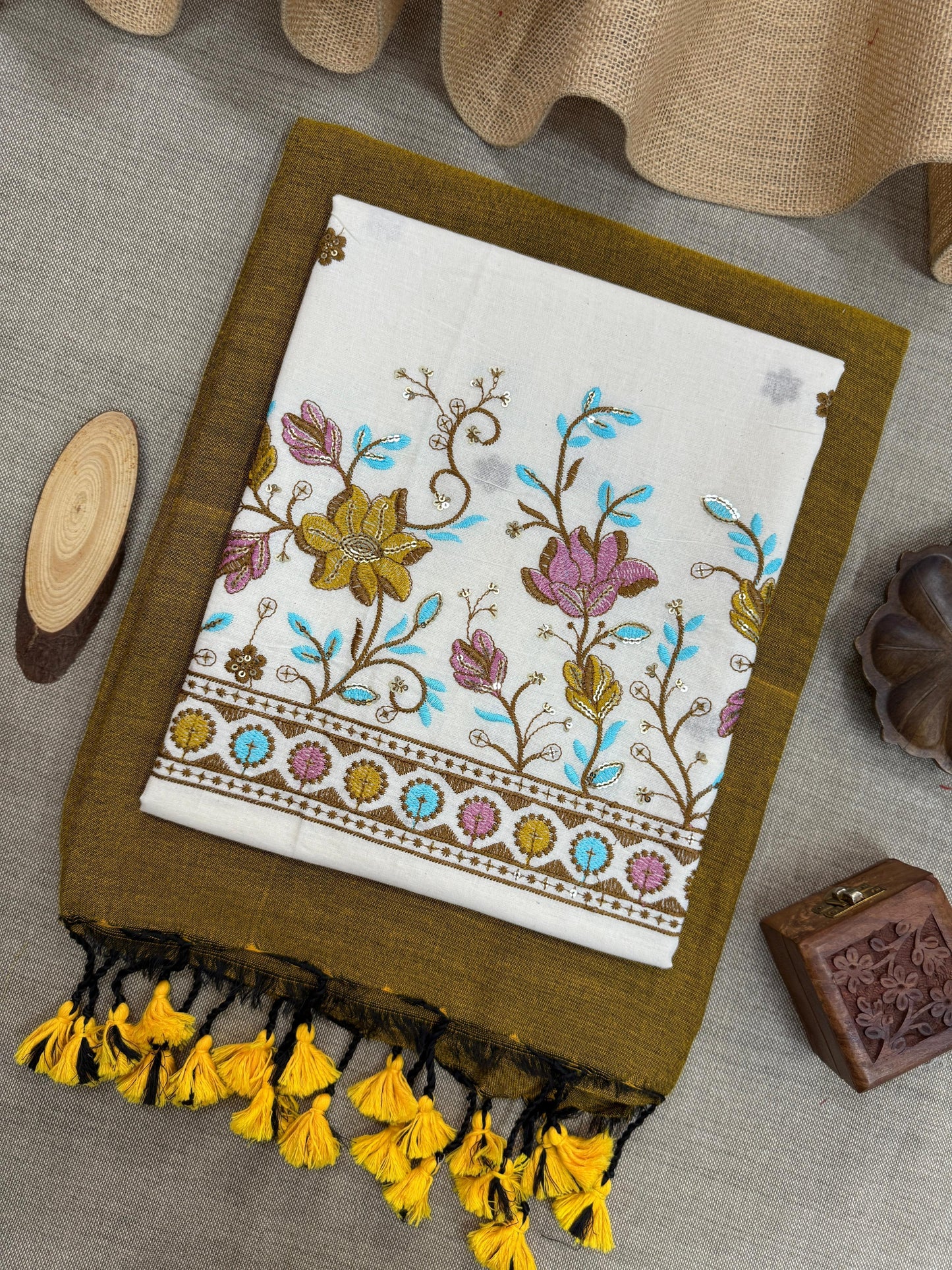 Handloom Elegance Mustard Yellow Khadi Cotton Saree with Embroidered Floral Blouse