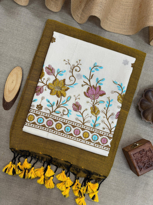 Handloom Elegance Mustard Yellow Khadi Cotton Saree with Embroidered Floral Blouse