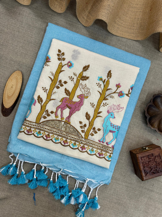 Elegant Ethnic Wear Sky Blue Handloom Khadi Cotton Saree with Embroidered Bird Blouse