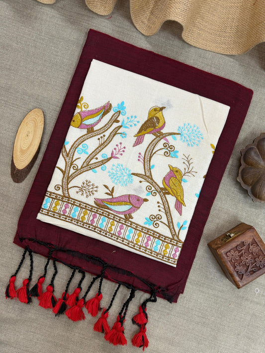 Handloom Elegance Maroon Khadi Cotton Saree with Embroidered Blouse