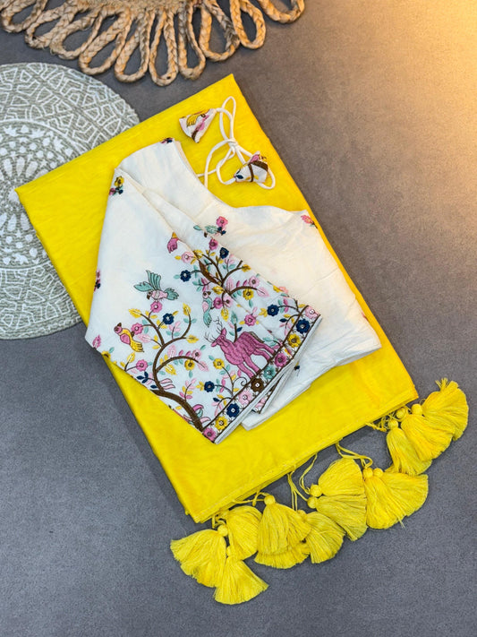 Festive Handloom Elegance Yellow Khadi Cotton Saree with White Embroidered Blouse