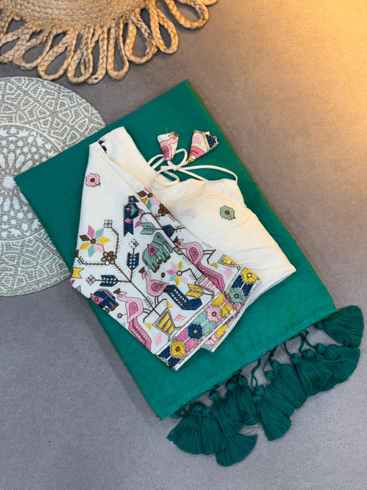 Handloom Elegance Rama Green Khadi Cotton Saree with White Embroidered Blouse