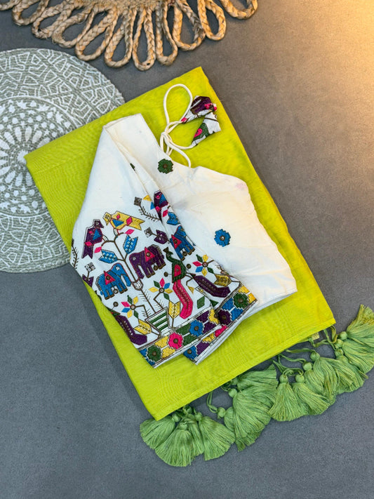 Elegant Handloom Look Neon Green Khadi Cotton Saree with White Embroidered Blouse