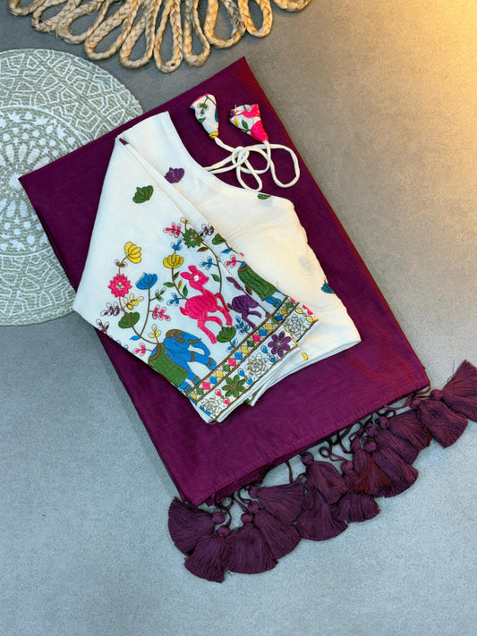 Elegant Handloom Style Dark Pink Khadi Cotton Saree with White Embroidered Blouse