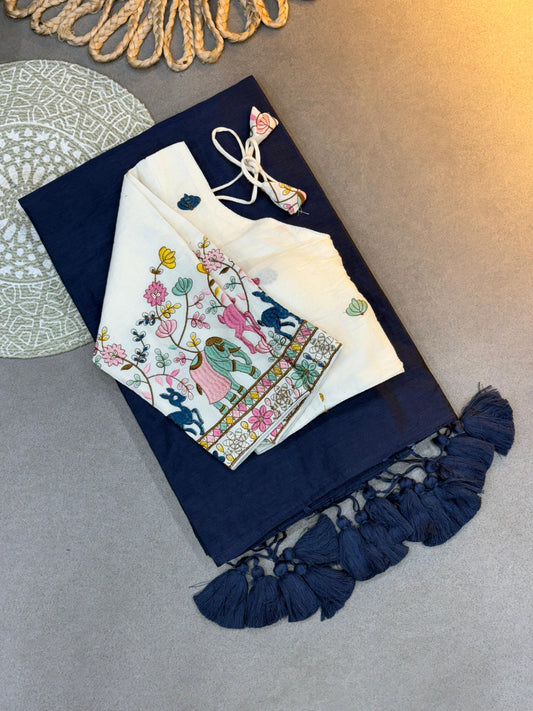 Elegant Navy Blue Khadi cotton Saree with Embroidered White Blouse Combo