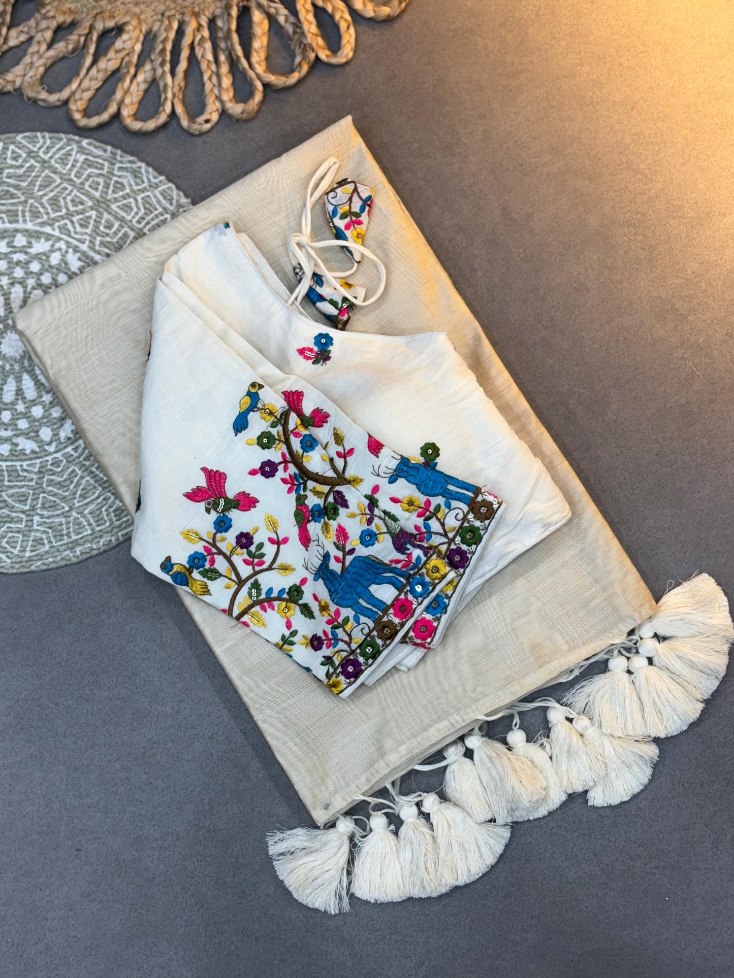 Traditional Cream Khadi Cotton Saree with Designer White Blouse – Lightweight & Graceful