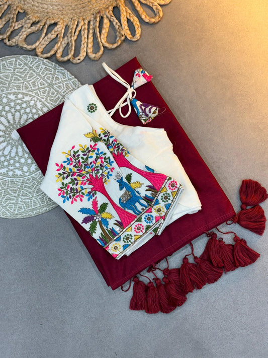 Handloom Classic Look Maroon Khadi Cotton Saree with White Embroidered Blouse