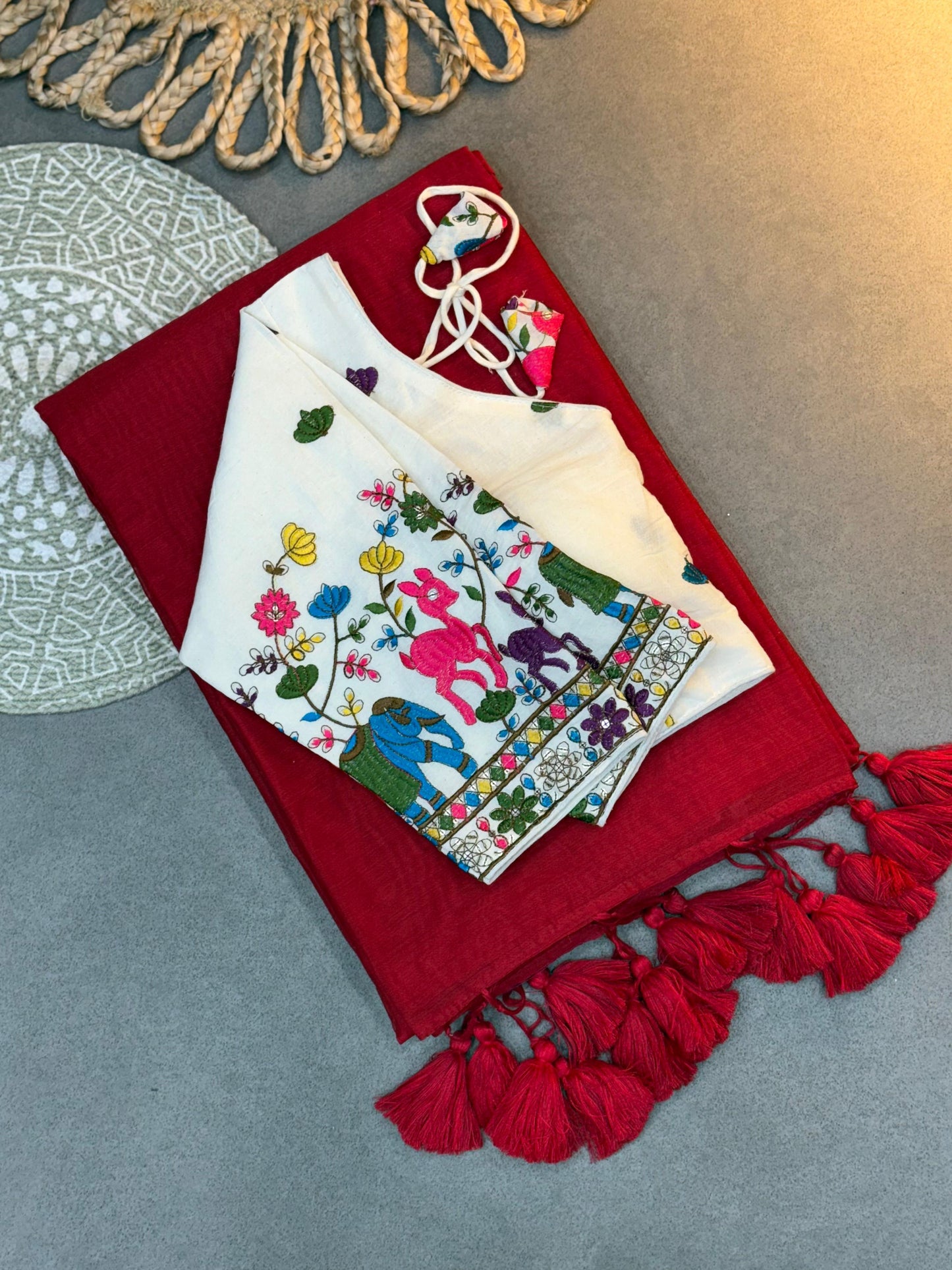 Elegant Handloom Set Red Khadi Cotton Saree with White Embroidered Blouse