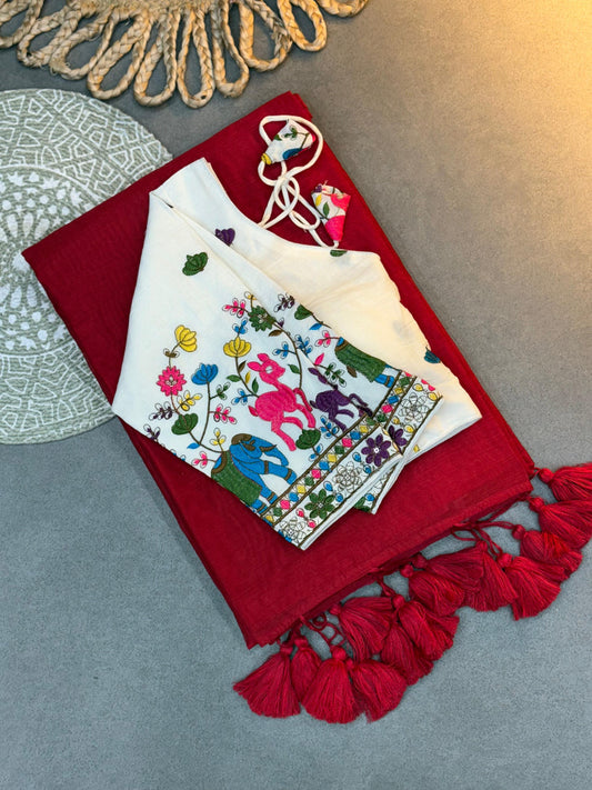 Elegant Handloom Set Red Khadi Cotton Saree with White Embroidered Blouse