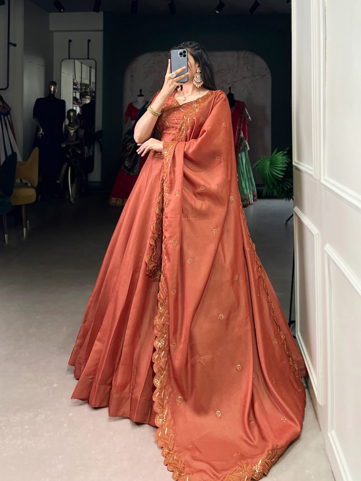 Korean pure Tussar Lehanga choli - Rust Elegant with Sequins & Embroidery