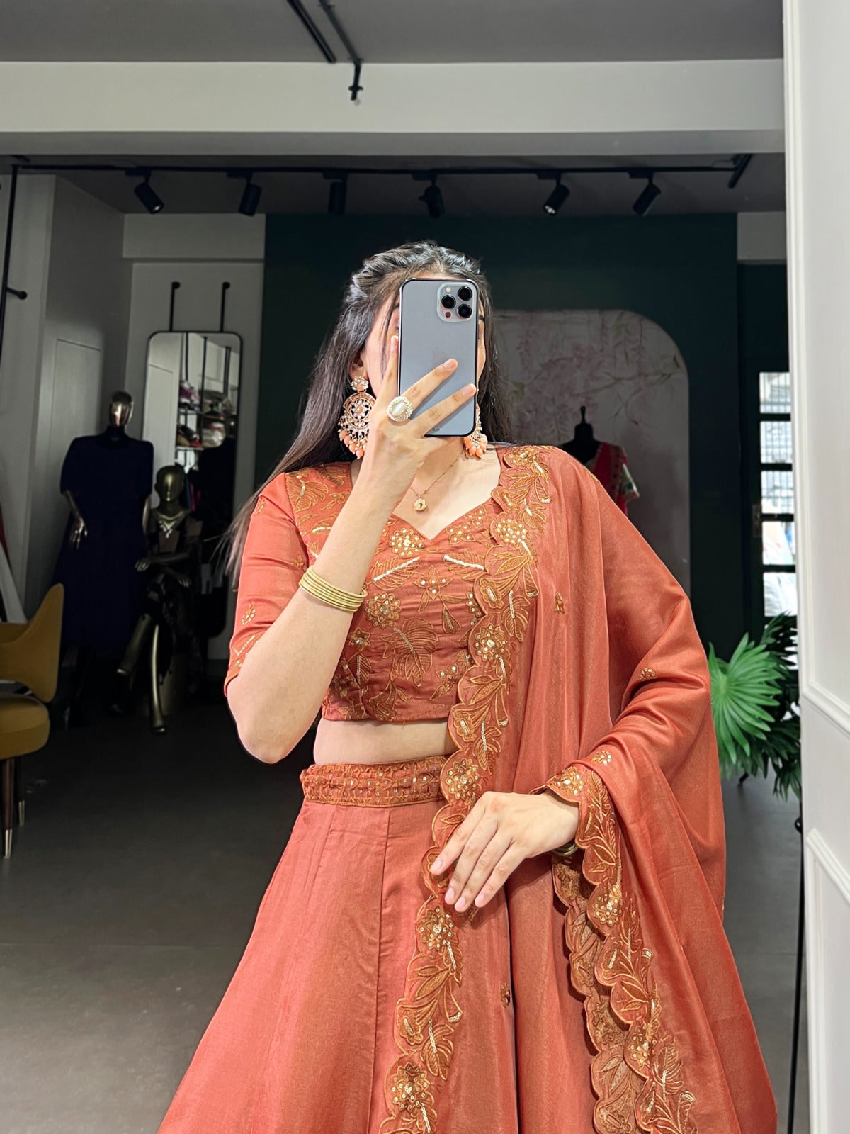 Korean pure Tussar Lehanga choli - Rust Elegant with Sequins & Embroidery