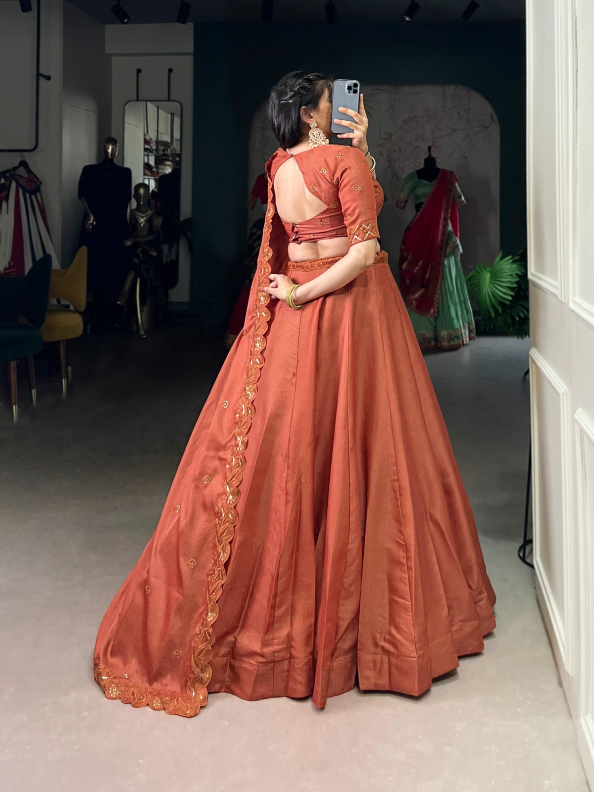 Korean pure Tussar Lehanga choli - Rust Elegant with Sequins & Embroidery