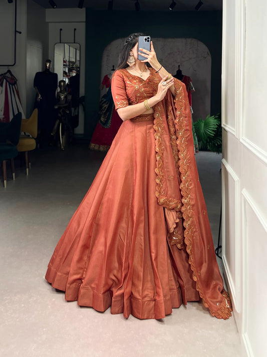 Korean pure Tussar Lehanga choli - Rust Elegant with Sequins & Embroidery