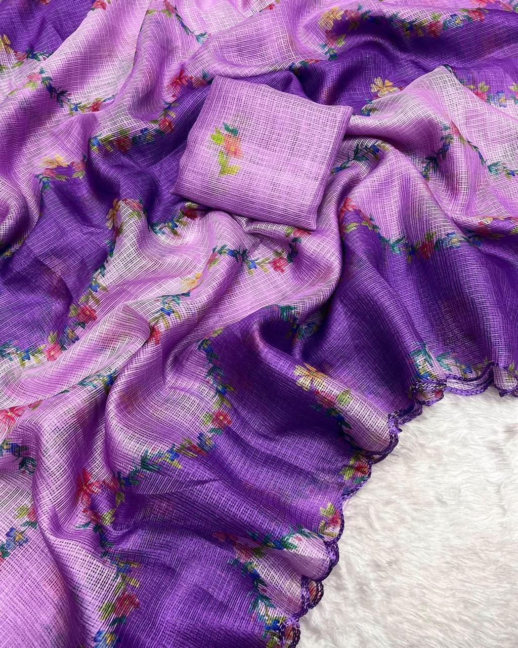 Elegant Soft Kota Chex Saree with Floral Print & Arca Work+ printed blouse