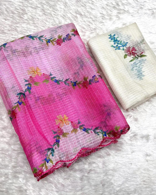 Soft Kota Chex Floral Print Saree with Arca Work – Pink
