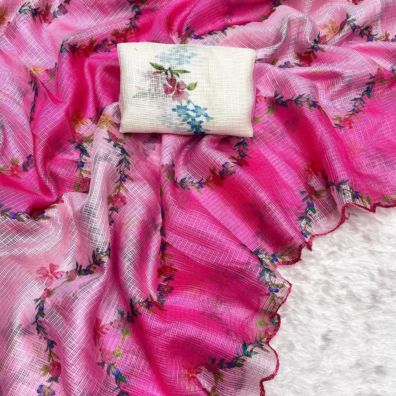 Soft Kota Chex Floral Print Saree with Arca Work – Pink