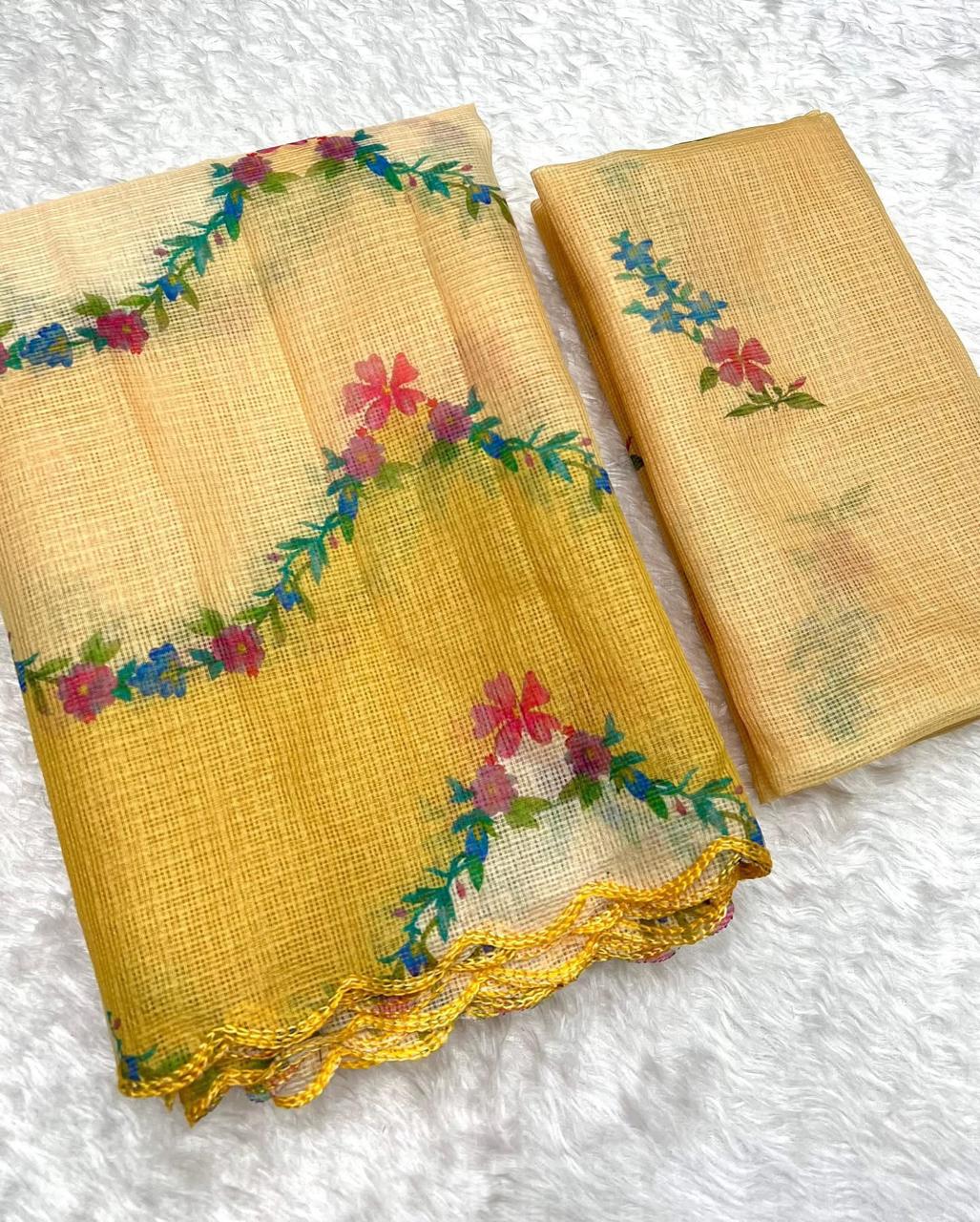 Elegant Soft Kota Chex Saree with Floral Print & Arca Work + Printed Blouse