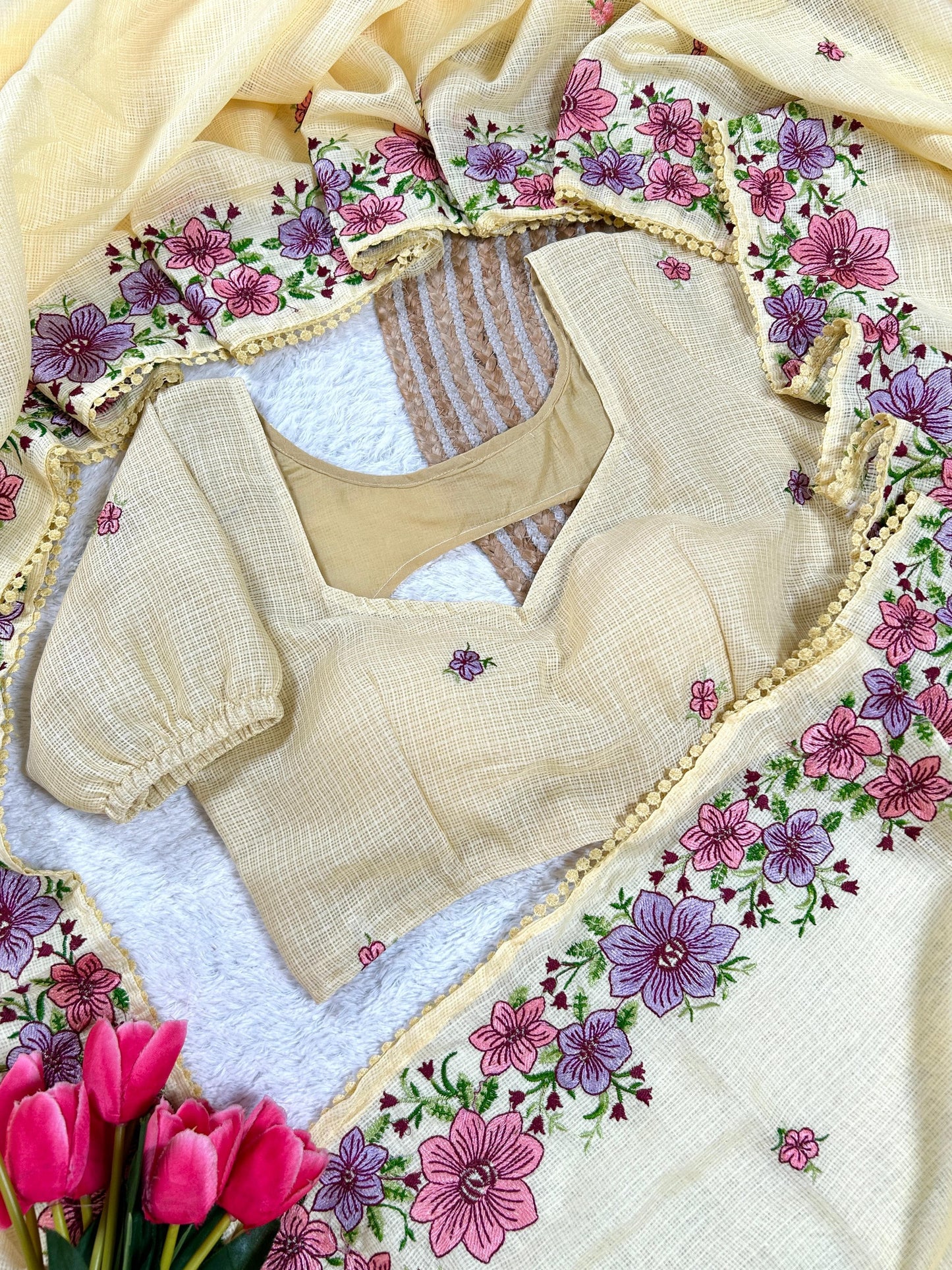 Elegant Kota Cotton Saree with Multi Thread Work & Fancy Border –Cream