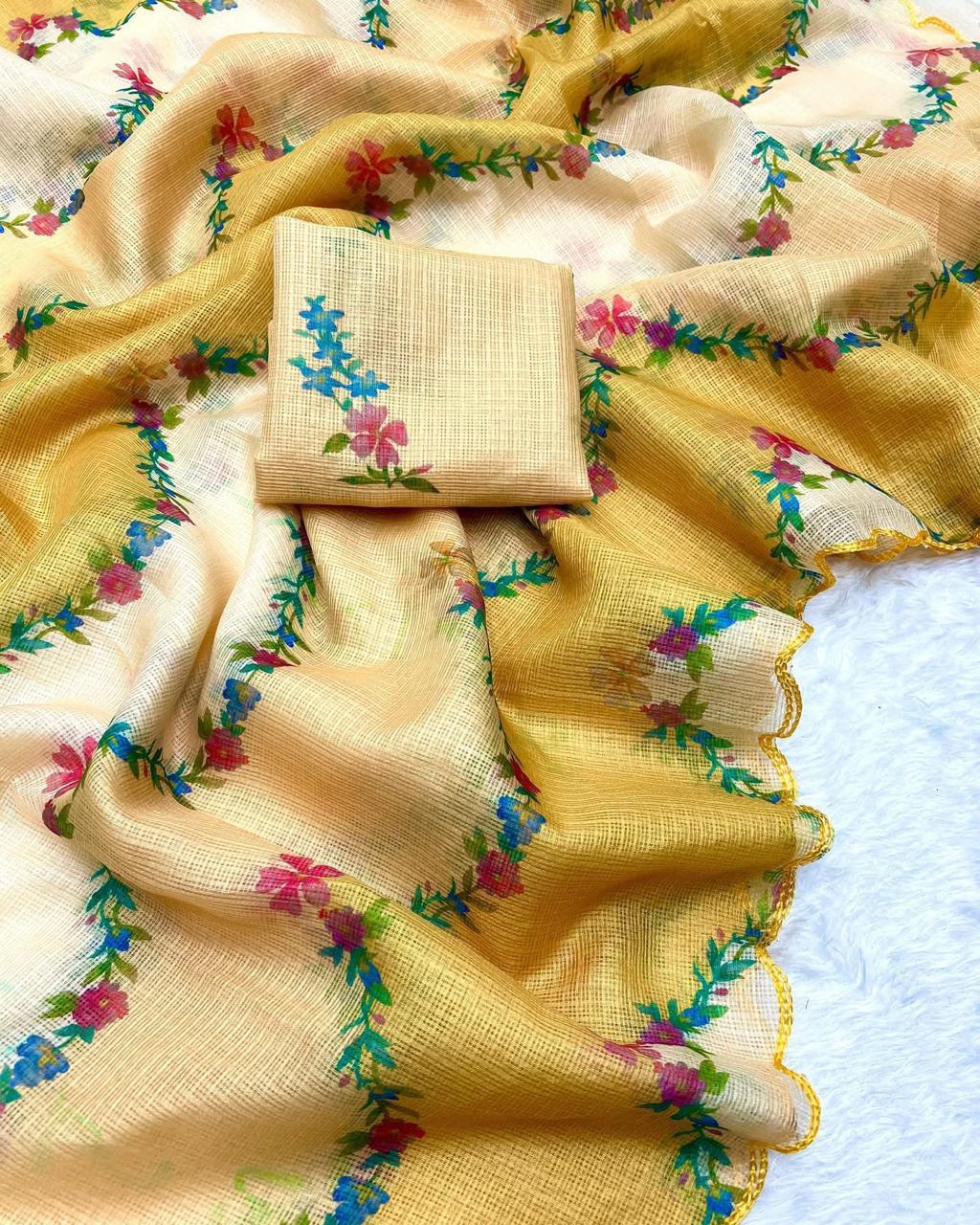 Elegant Soft Kota Chex Saree with Floral Print & Arca Work + Printed Blouse