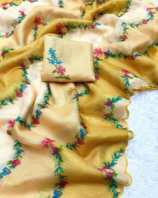 Elegant Soft Kota Chex Saree with Floral Print & Arca Work + Printed Blouse