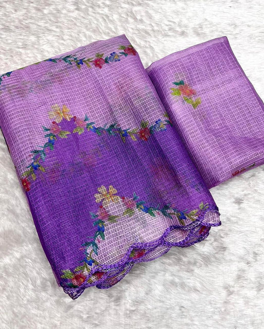 Elegant Soft Kota Chex Saree with Floral Print & Arca Work+ printed blouse