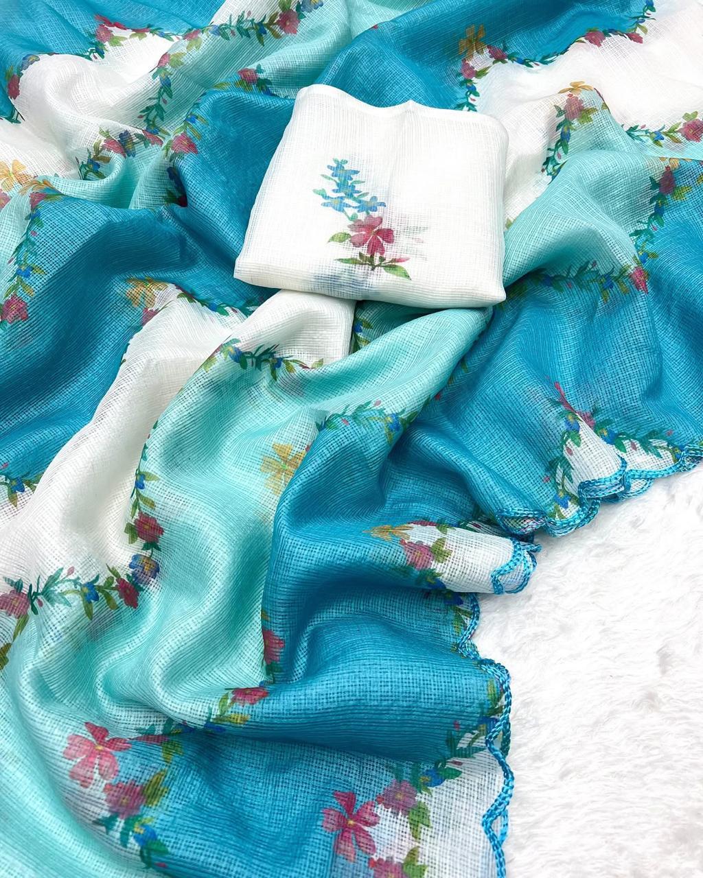 Soft Kota Chex Saree With Floral Print & Arca Work-Printed Blouse Included