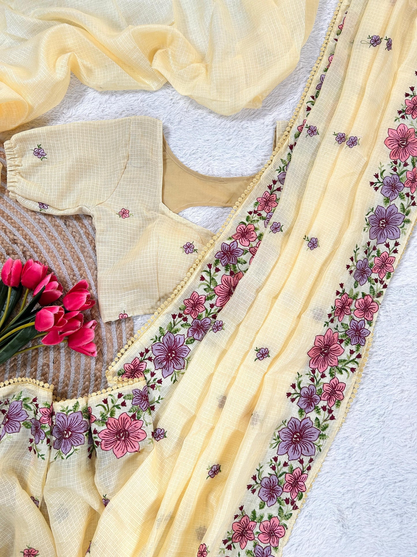 Elegant Kota Cotton Saree with Multi Thread Work & Fancy Border –Cream