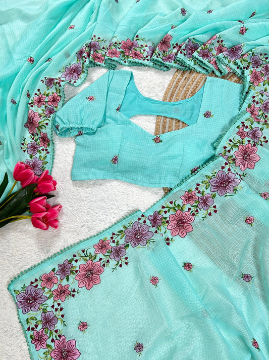 Elegant Kota Cotton Saree with Multi Thread Work & Fancy Border –Blue