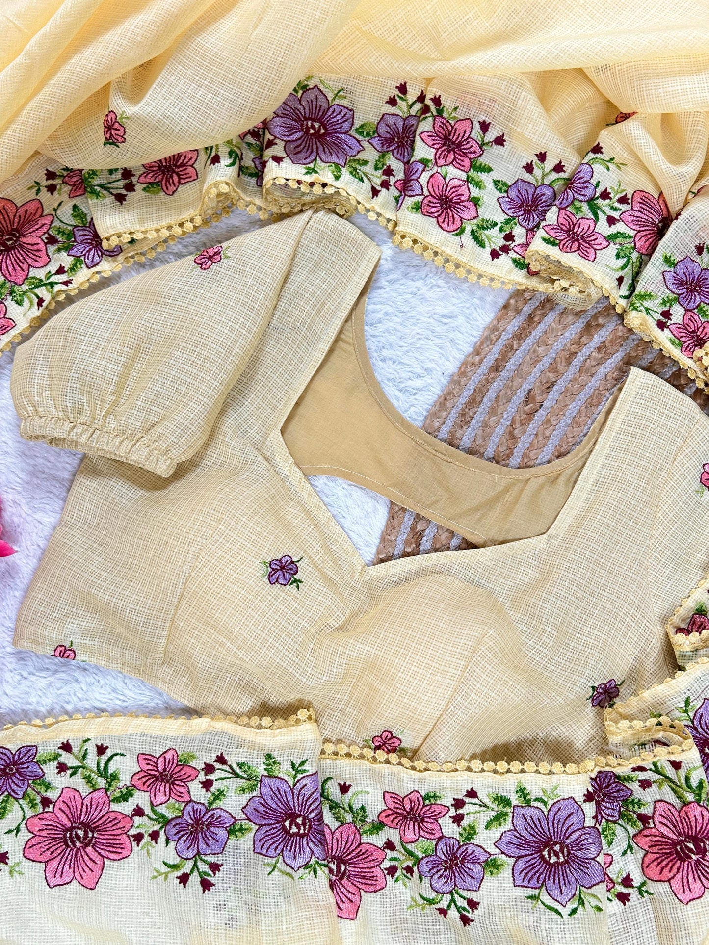 Elegant Kota Cotton Saree with Multi Thread Work & Fancy Border –Cream