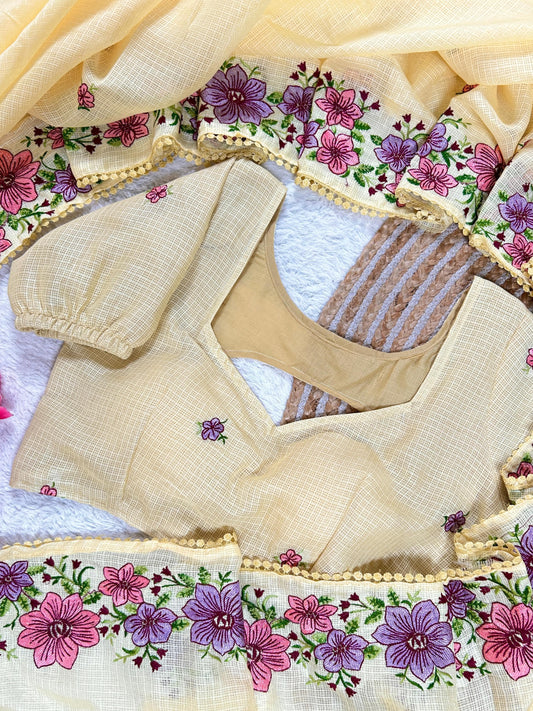 Elegant Kota Cotton Saree with Multi Thread Work & Fancy Border –Cream