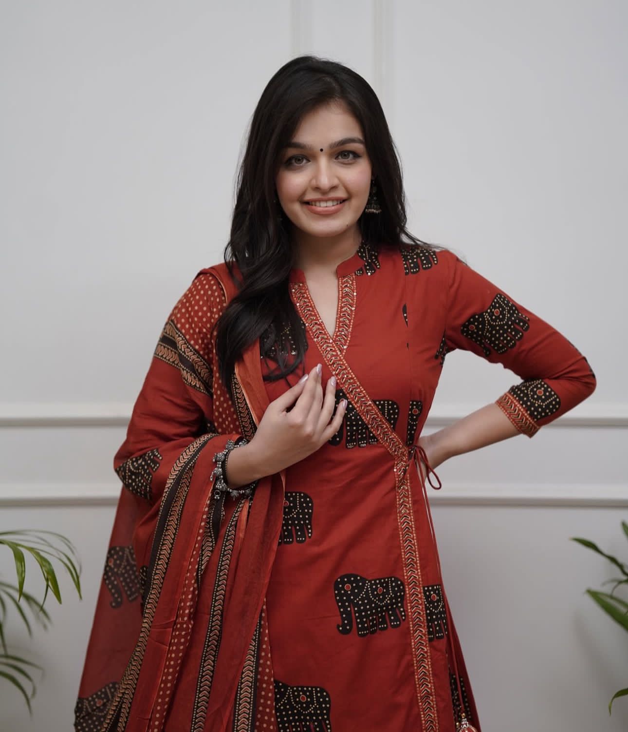 Angrakha Cotton Kurta Set with Dupatta Elegant Ethnic Wear for Women - Red Color