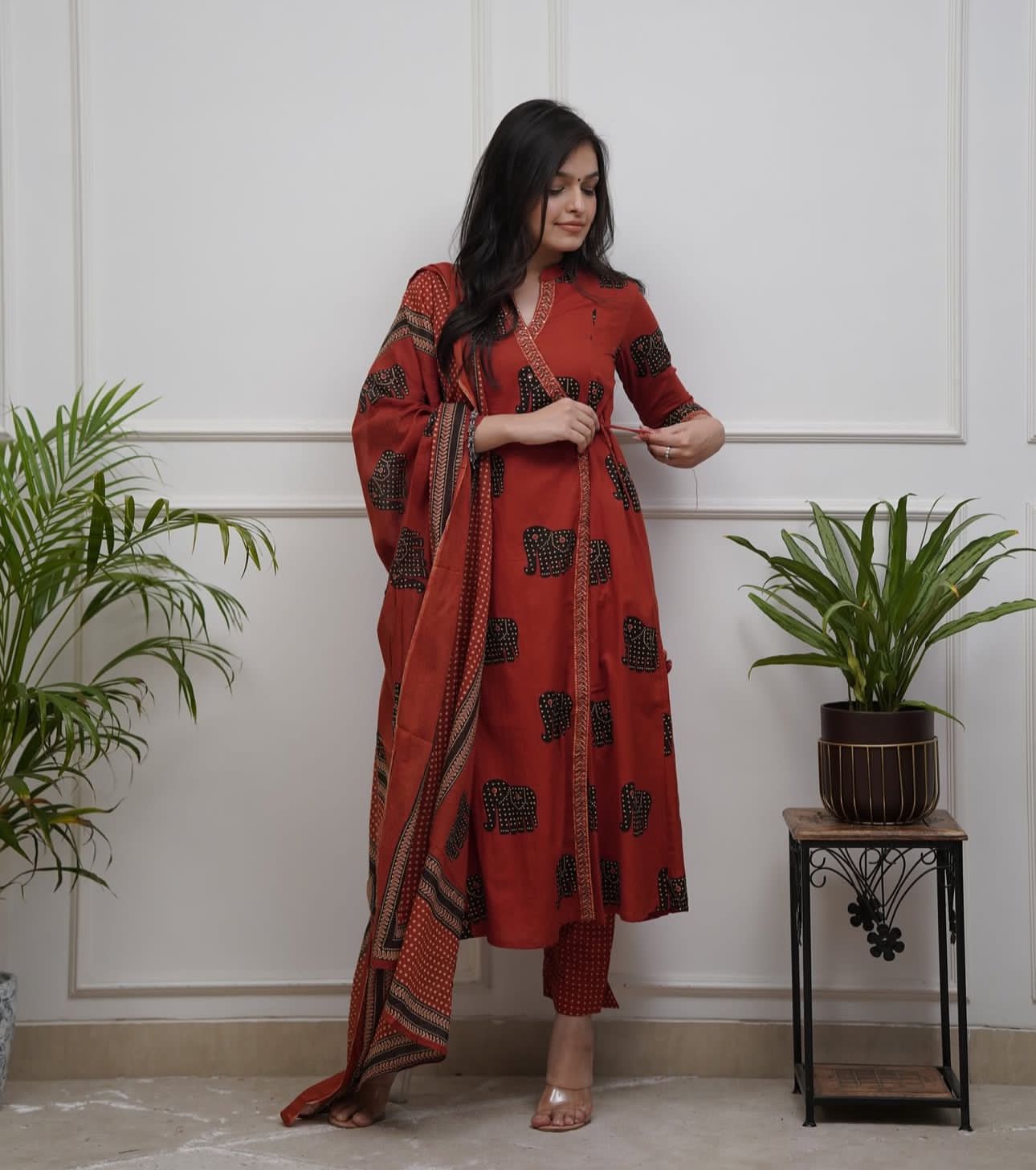 Angrakha Cotton Kurta Set with Dupatta Elegant Ethnic Wear for Women - Red Color