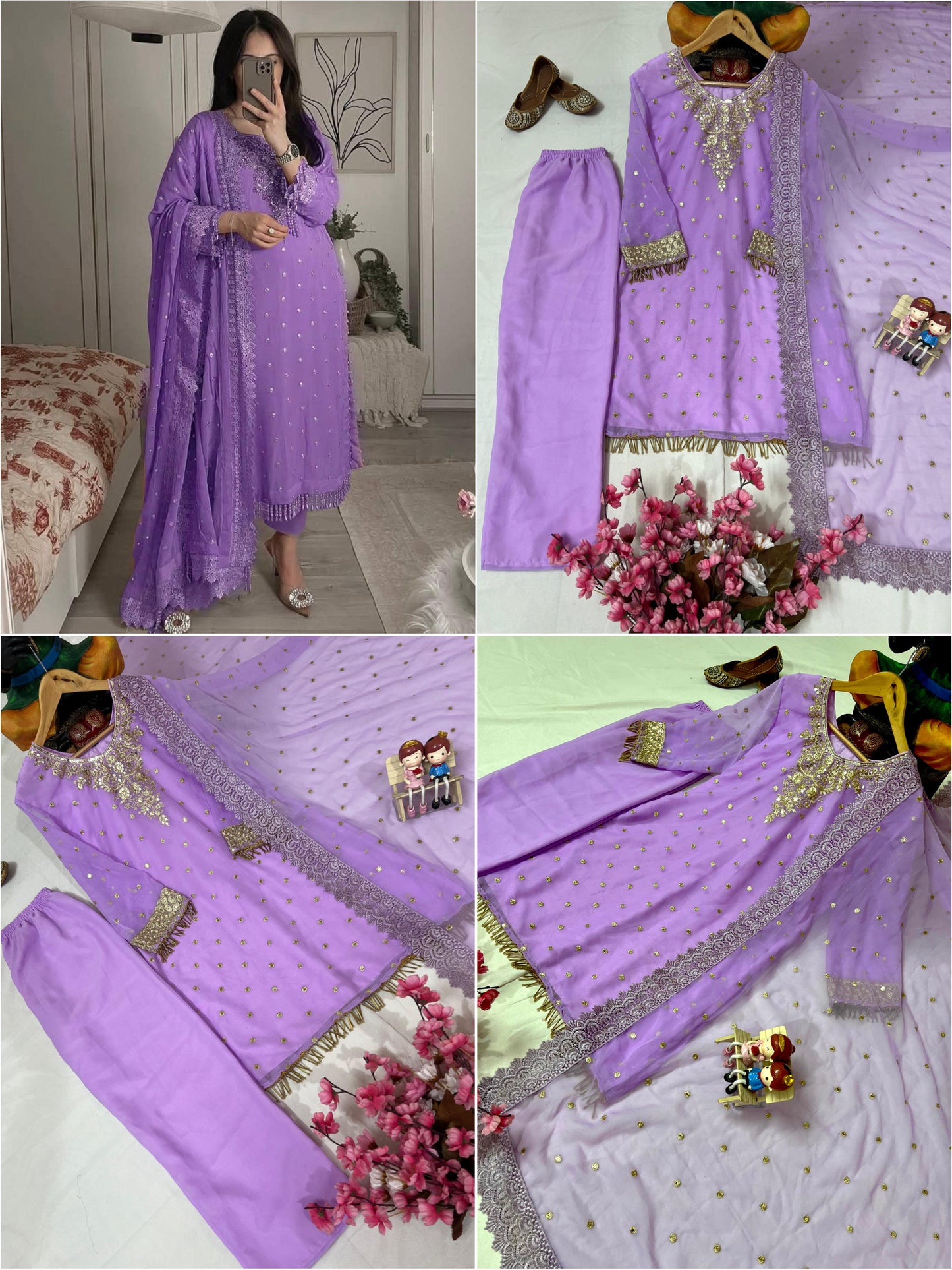 Elegant Festive & Party Wear Lavender Georgette Women Kurti Plazzo Set