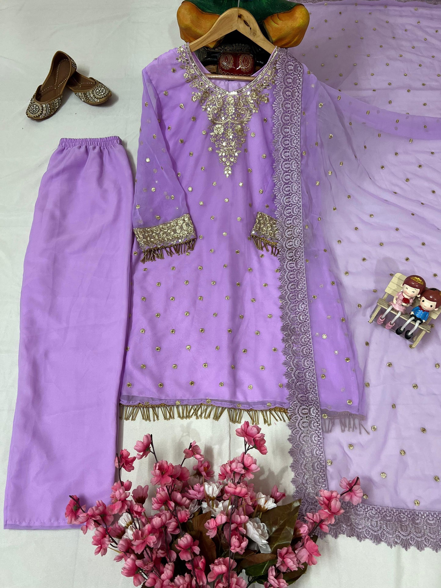 Elegant Festive & Party Wear Lavender Georgette Women Kurti Plazzo Set