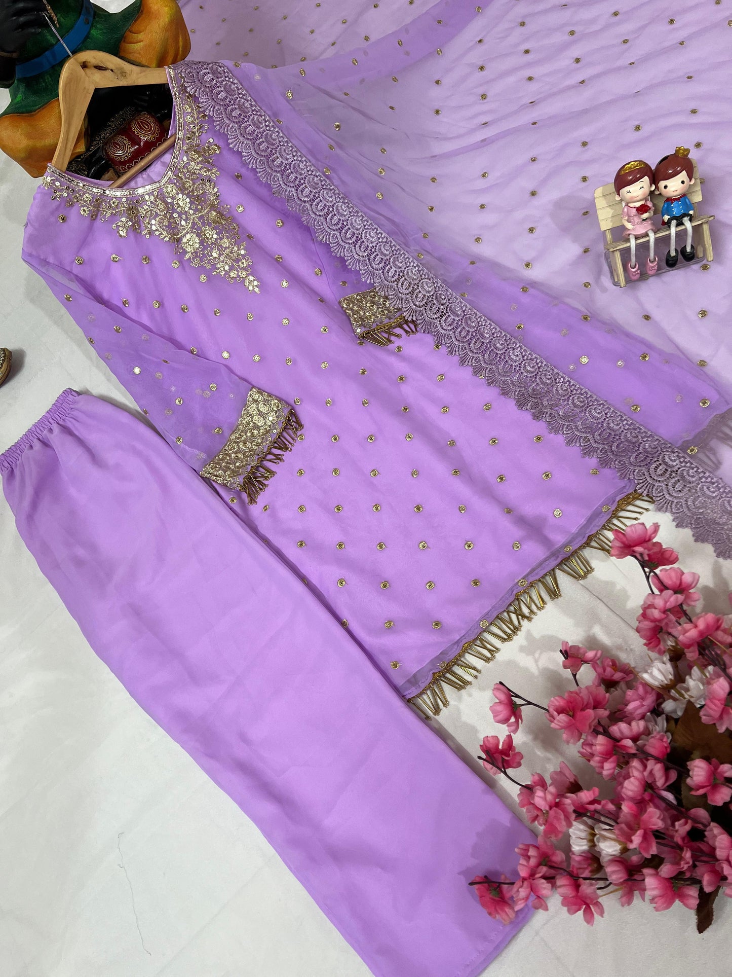 Elegant Festive & Party Wear Lavender Georgette Women Kurti Plazzo Set