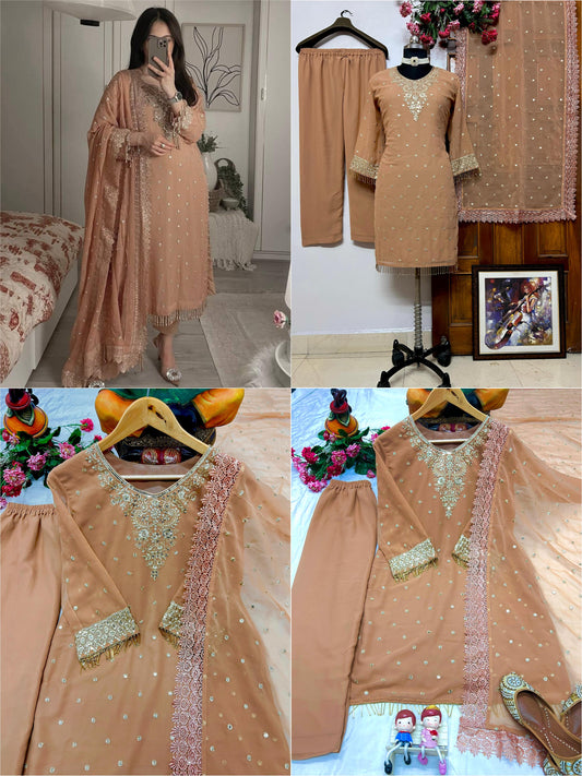 Graceful Festive & Party Wear Nude Georgette Women Kurti Plazzo Set