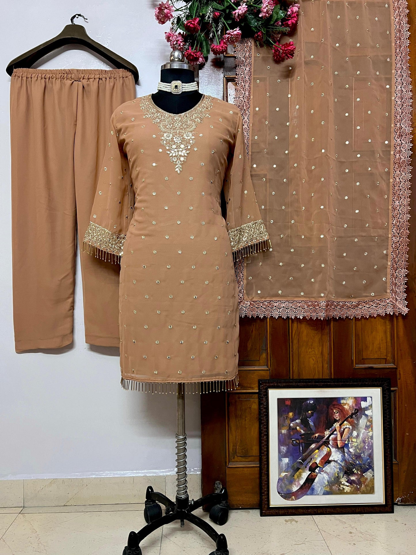 Graceful Festive & Party Wear Nude Georgette Women Kurti Plazzo Set