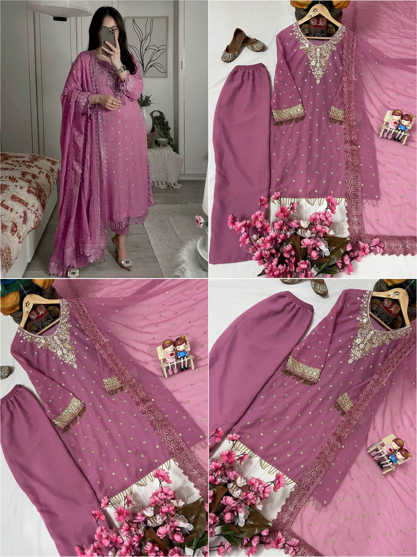 Festive & Party Wear Pink Georgette Women Kurti Plazzo Set with Embroidered Dupatta