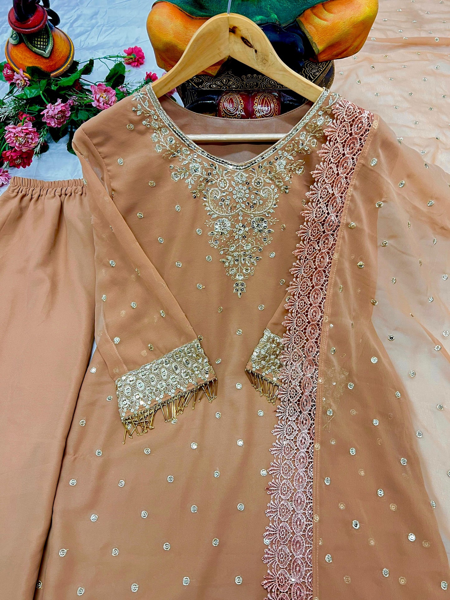 Graceful Festive & Party Wear Nude Georgette Women Kurti Plazzo Set