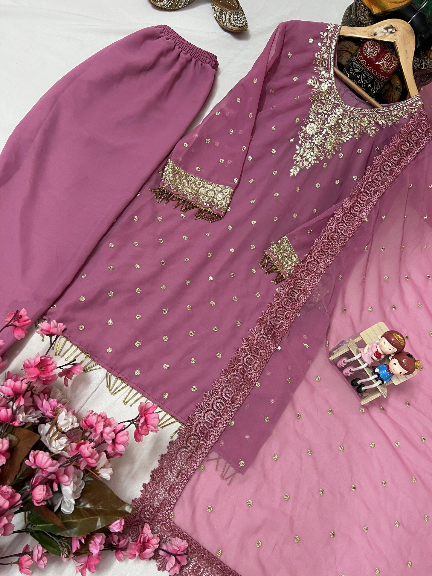Festive & Party Wear Pink Georgette Women Kurti Plazzo Set with Embroidered Dupatta